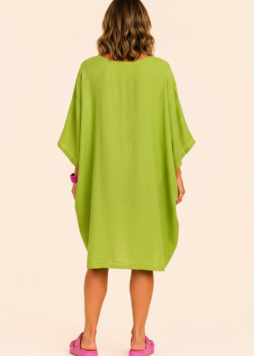 Oversized Batwing Mini Dress with Pockets - Lime
