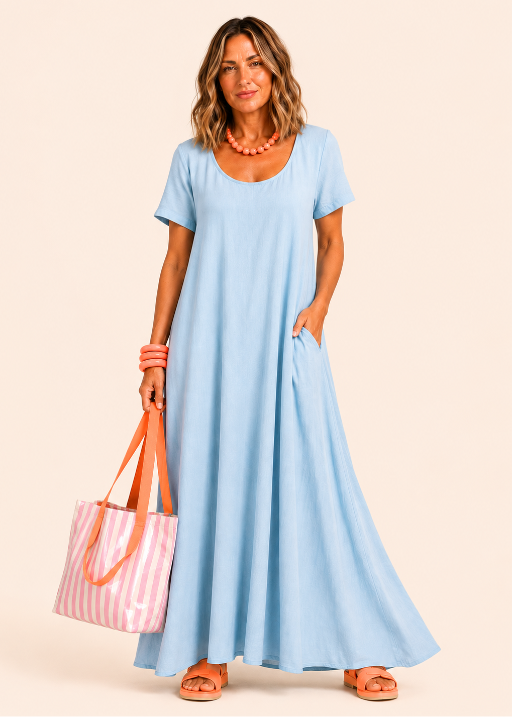 Short Sleeve Scoop Neck Maxi Dress with Pockets - Light Blue