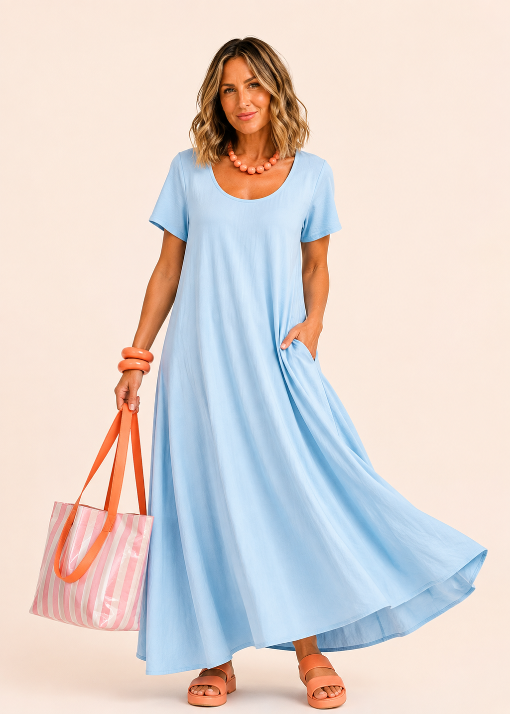 Short Sleeve Scoop Neck Maxi Dress with Pockets - Light Blue