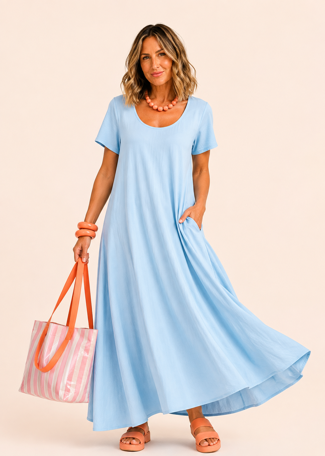 Short Sleeve Scoop Neck Maxi Dress with Pockets - Light Blue
