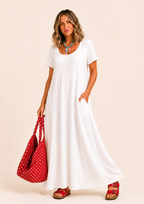 Short Sleeve Scoop Neck Maxi Dress with Pockets - White
