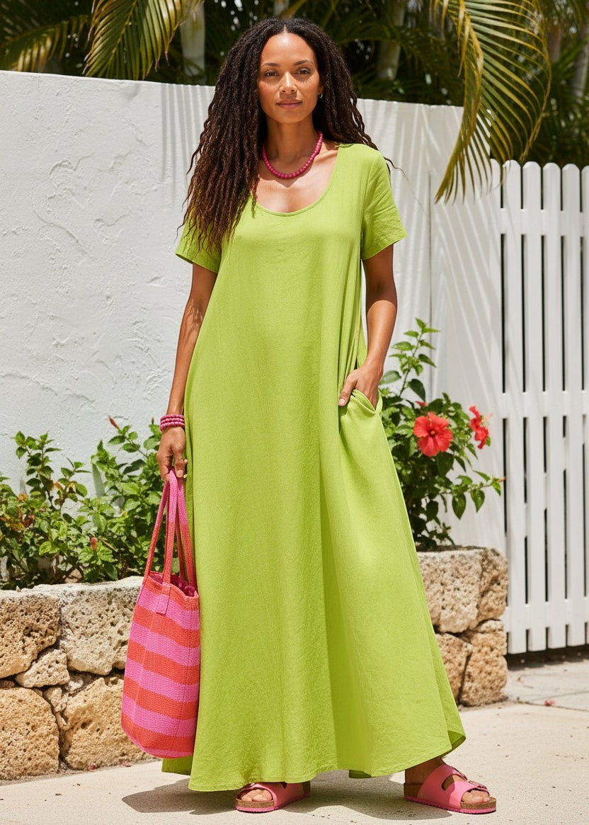Short Sleeve Scoop Neck Maxi Dress with Pockets - Lime