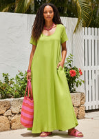 Short Sleeve Scoop Neck Maxi Dress with Pockets - Lime