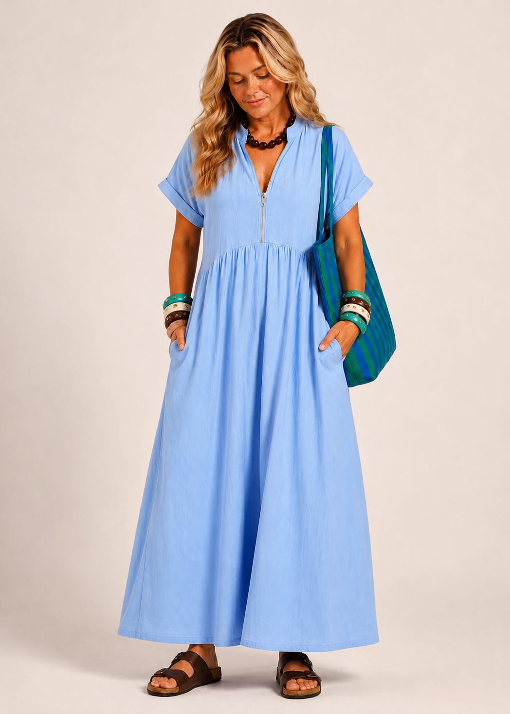 V Neck Maxi Dress with Zip Front & Pockets - Light Blue