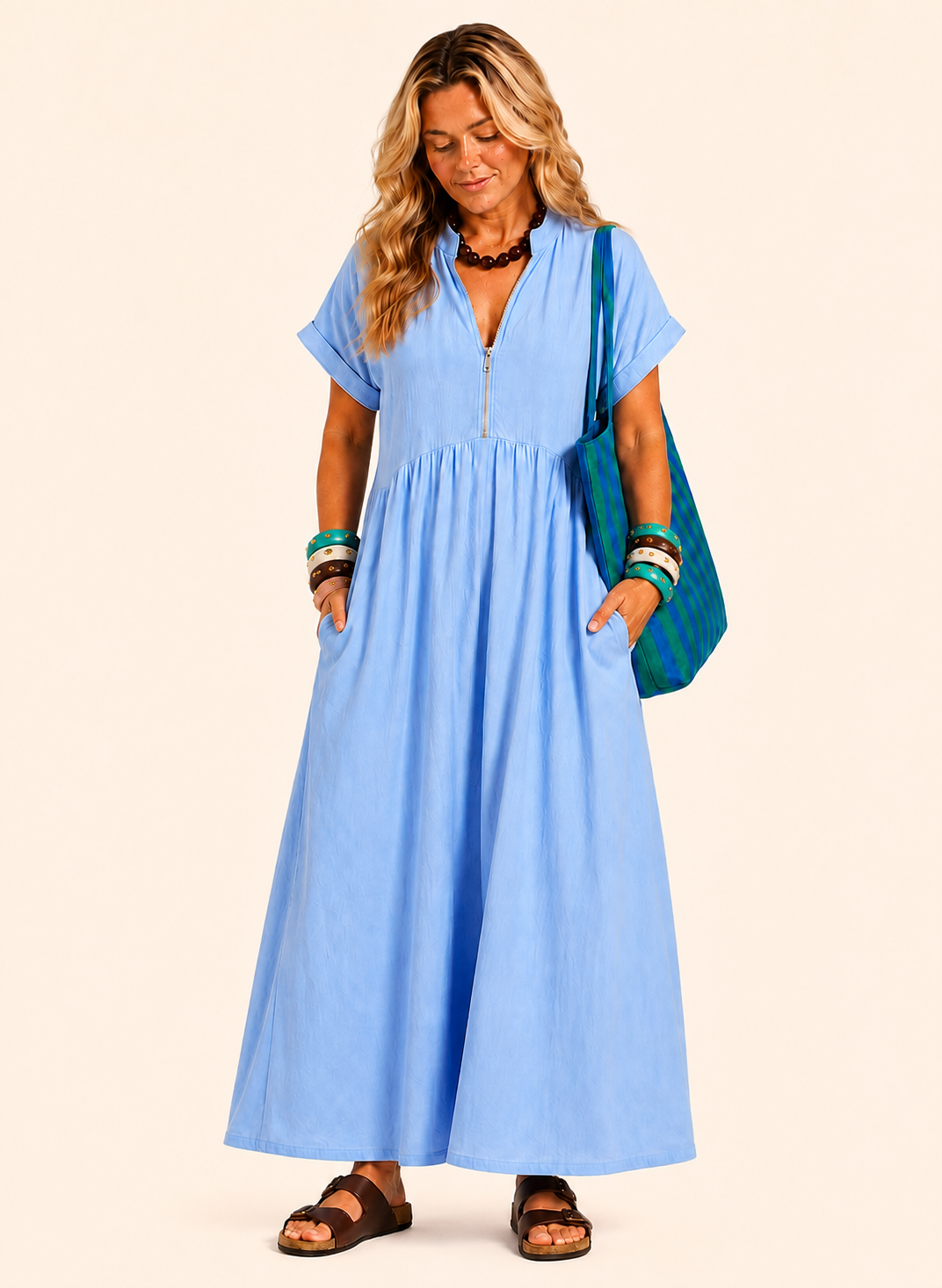 V Neck Maxi Dress with Zip Front & Pockets - Light Blue