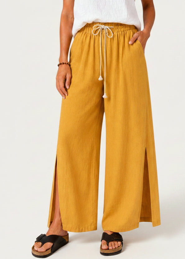 Wide Leg Linen Look Drawstring Pants with Side Splits - Mustard