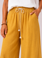 Wide Leg Linen Look Drawstring Pants with Side Splits - Mustard