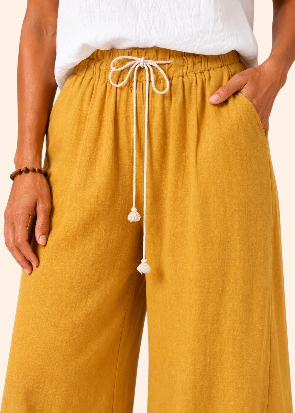 Wide Leg Linen Look Drawstring Pants with Side Splits - Mustard