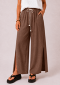 Wide Leg Linen Look Drawstring Pants with Side Splits - Chocolate