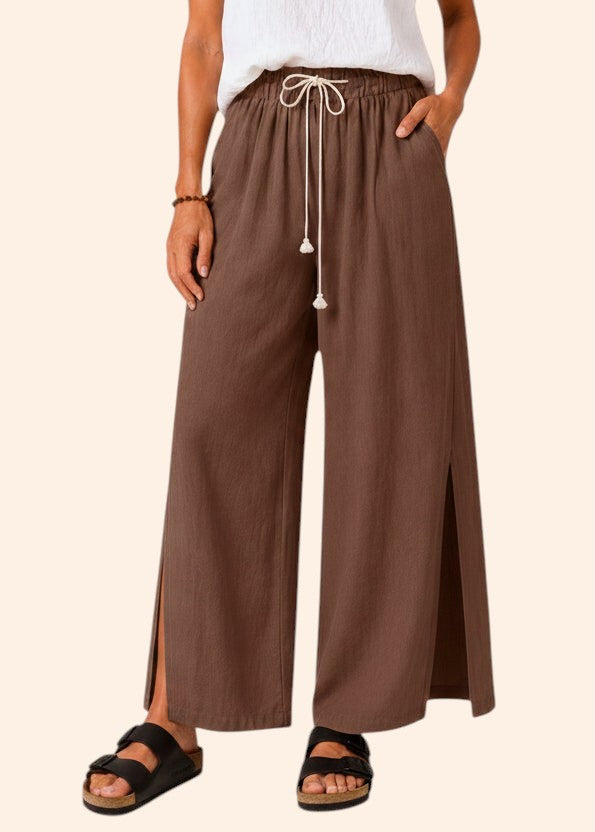 Wide Leg Linen Look Drawstring Pants with Side Splits - Chocolate