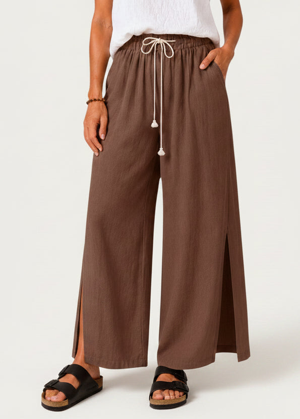 Wide Leg Linen Look Drawstring Pants with Side Splits - Chocolate