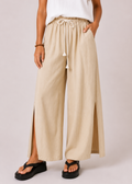 Wide Leg Linen Look Drawstring Pants with Side Splits - Sand