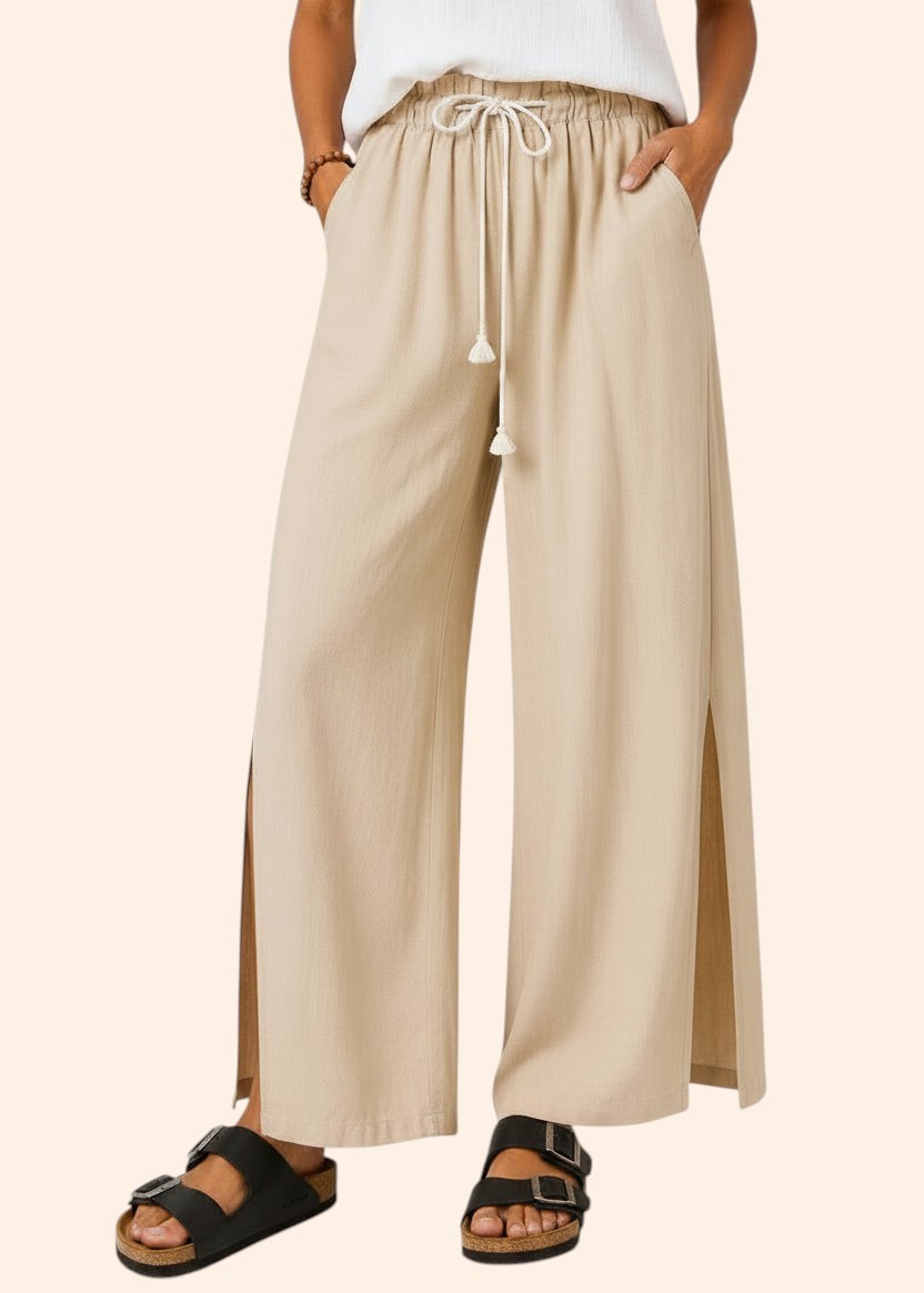 Wide Leg Linen Look Drawstring Pants with Side Splits - Sand