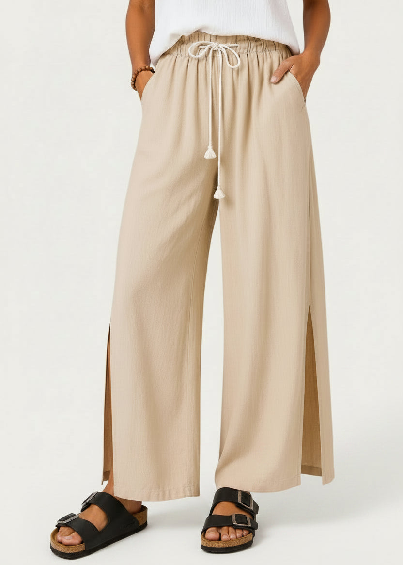 Wide Leg Linen Look Drawstring Pants with Side Splits - Sand