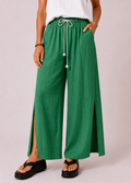 Wide Leg Linen Look Drawstring Pants with Side Splits - Emerald