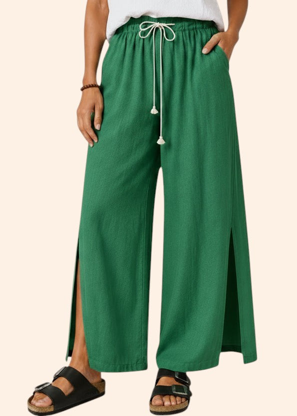 Wide Leg Linen Look Drawstring Pants with Side Splits - Emerald