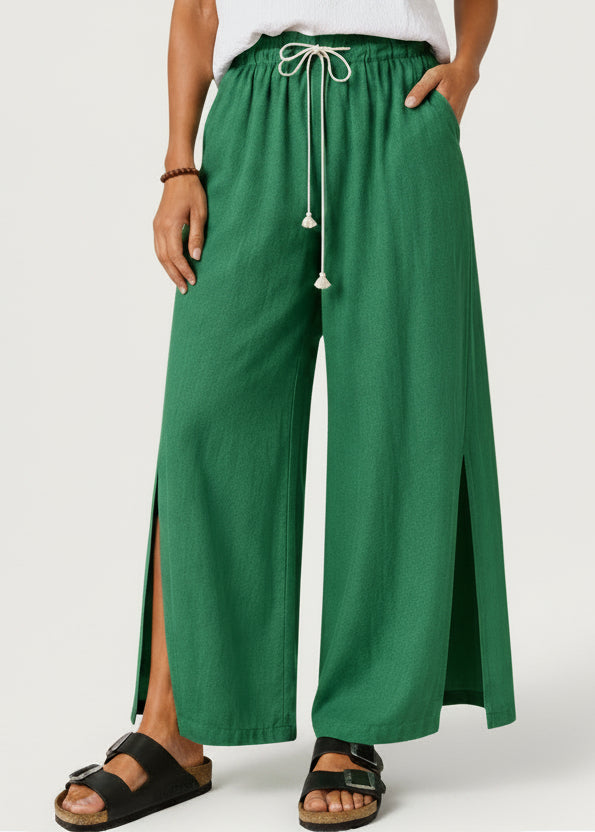 Wide Leg Linen Look Drawstring Pants with Side Splits - Emerald