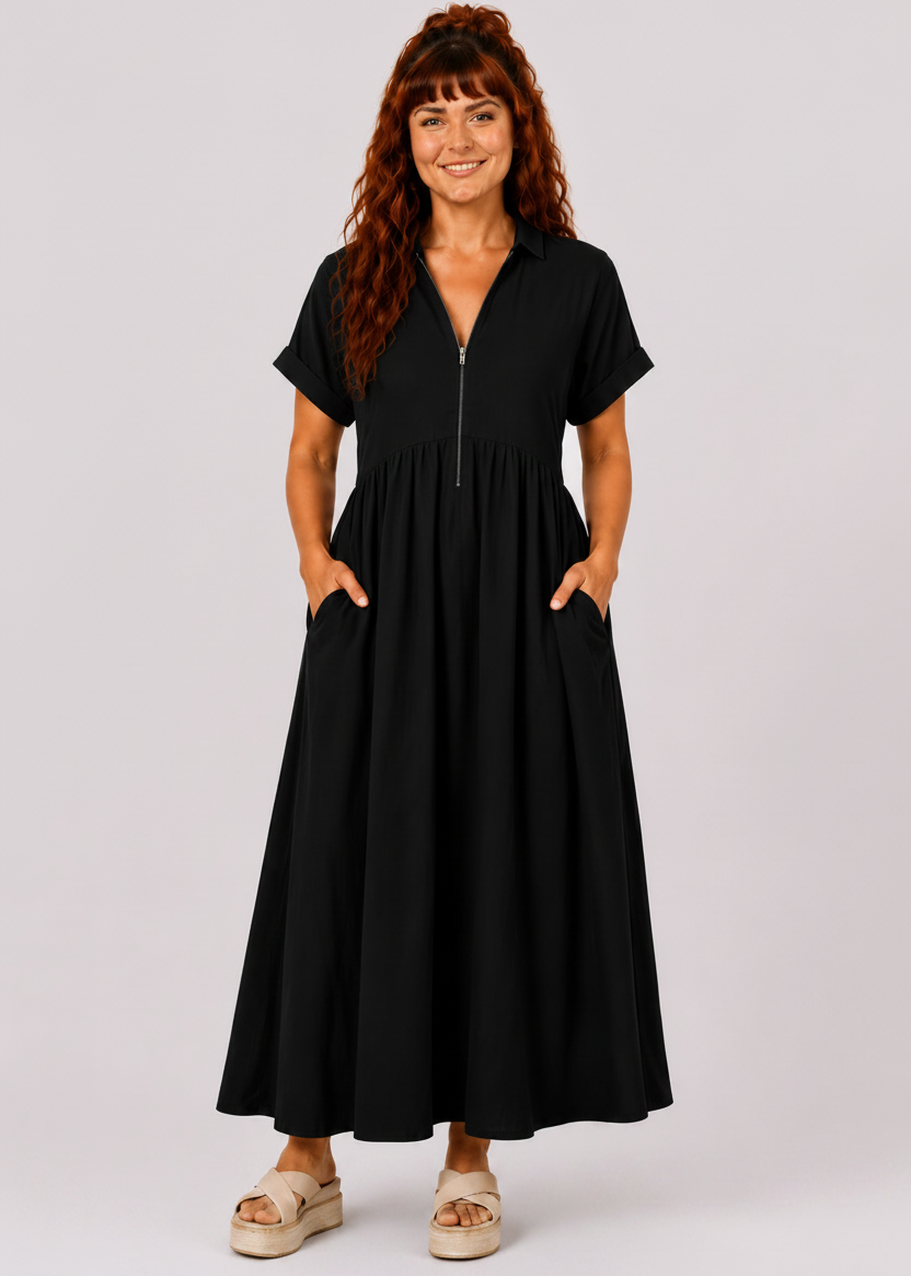 V Neck Maxi Dress with Zip Front & Pockets - Black