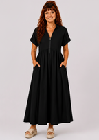 V Neck Maxi Dress with Zip Front & Pockets - Black