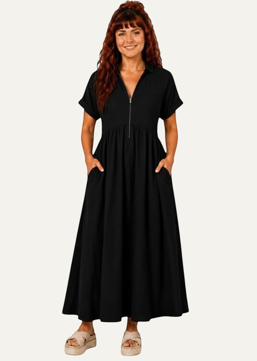 V Neck Maxi Dress with Zip Front & Pockets - Black