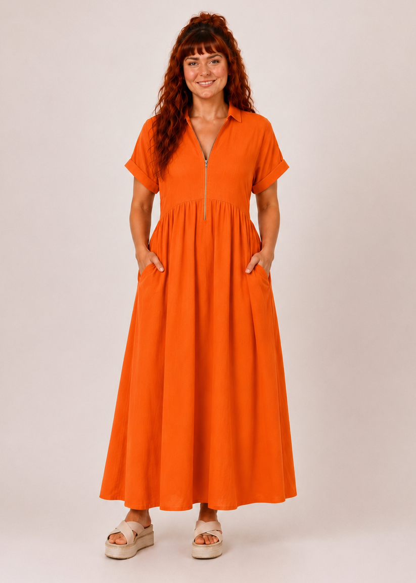 V Neck Maxi Dress with Zip Front & Pockets - Orange