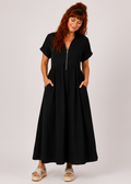 V Neck Maxi Dress with Zip Front & Pockets - Black