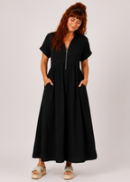 V Neck Maxi Dress with Zip Front & Pockets - Black