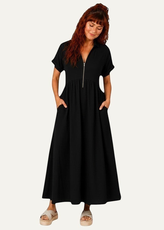 V Neck Maxi Dress with Zip Front & Pockets - Black