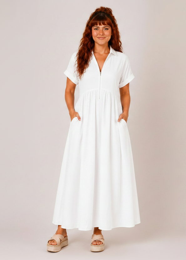 V Neck Maxi Dress with Zip Front & Pockets - White