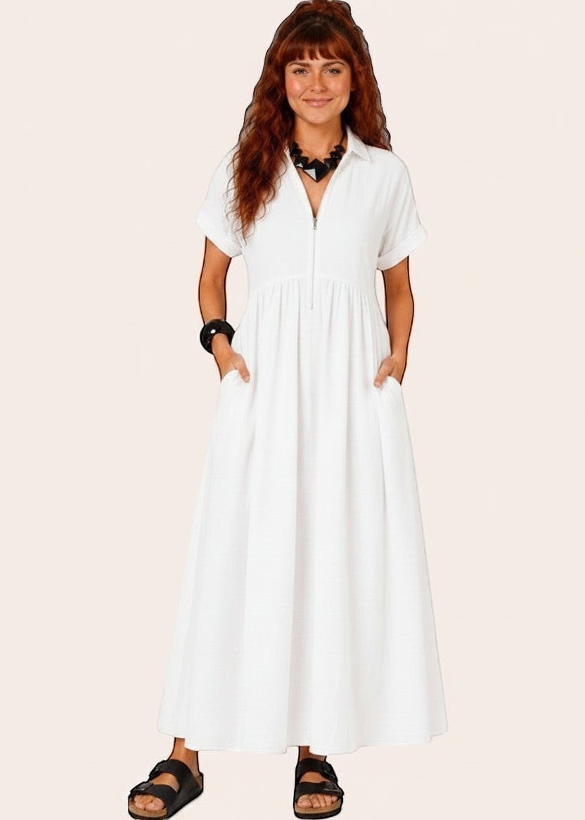 V Neck Maxi Dress with Zip Front & Pockets - White