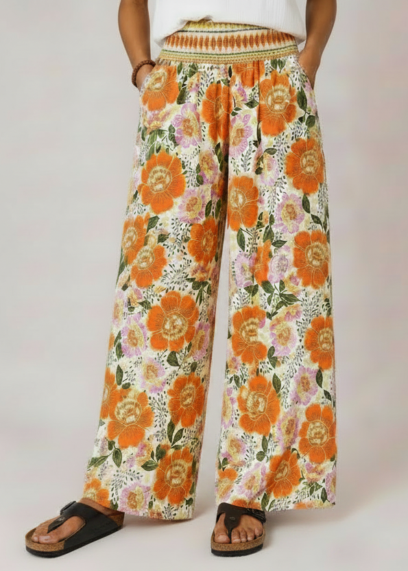 Wide Leg Pull-On Pants with Shirred Waistband & Pockets - Scarlet Poppy (Copy)