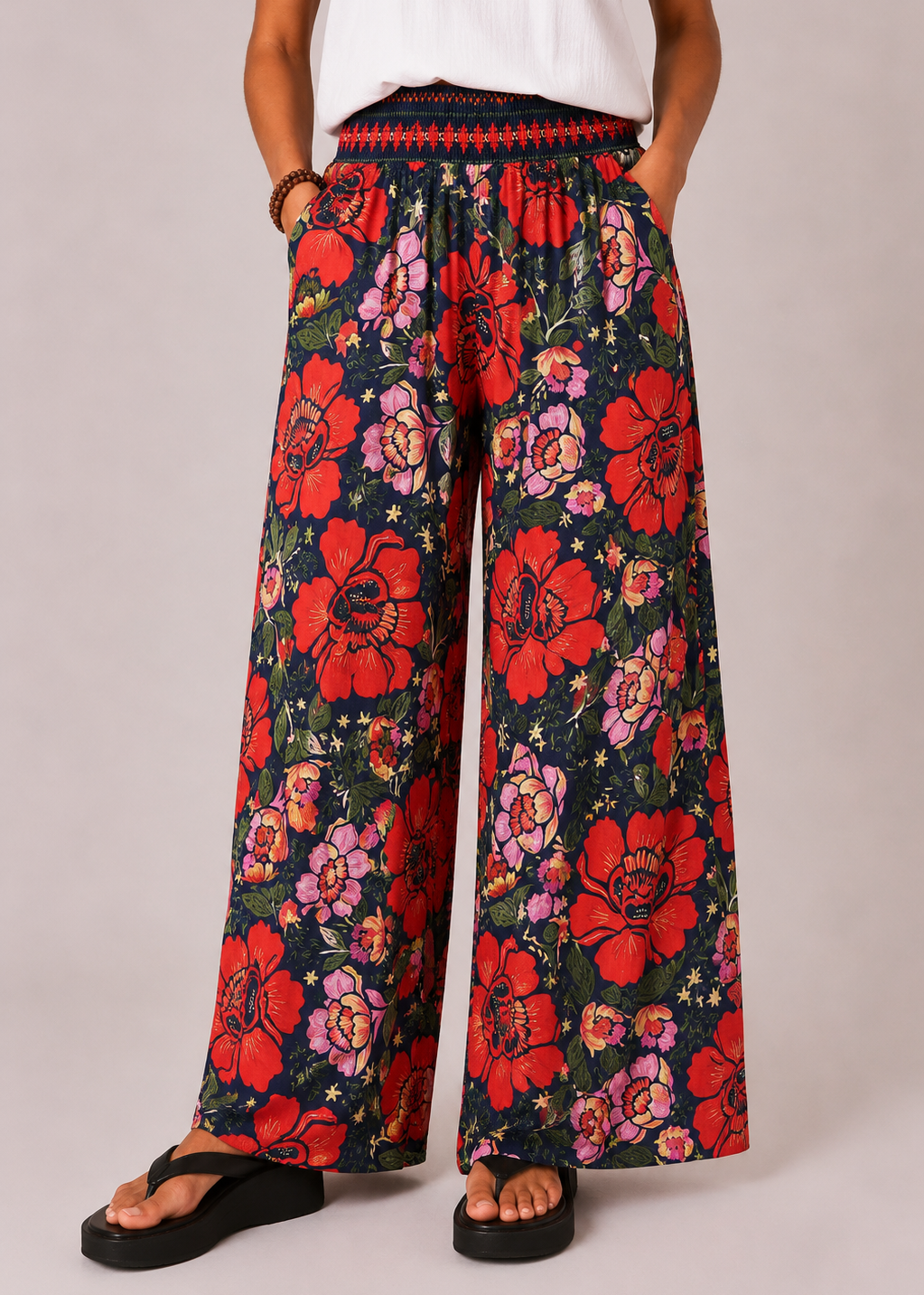 Wide Leg Pull-On Pants with Shirred Waistband & Pockets - Scarlet Poppy