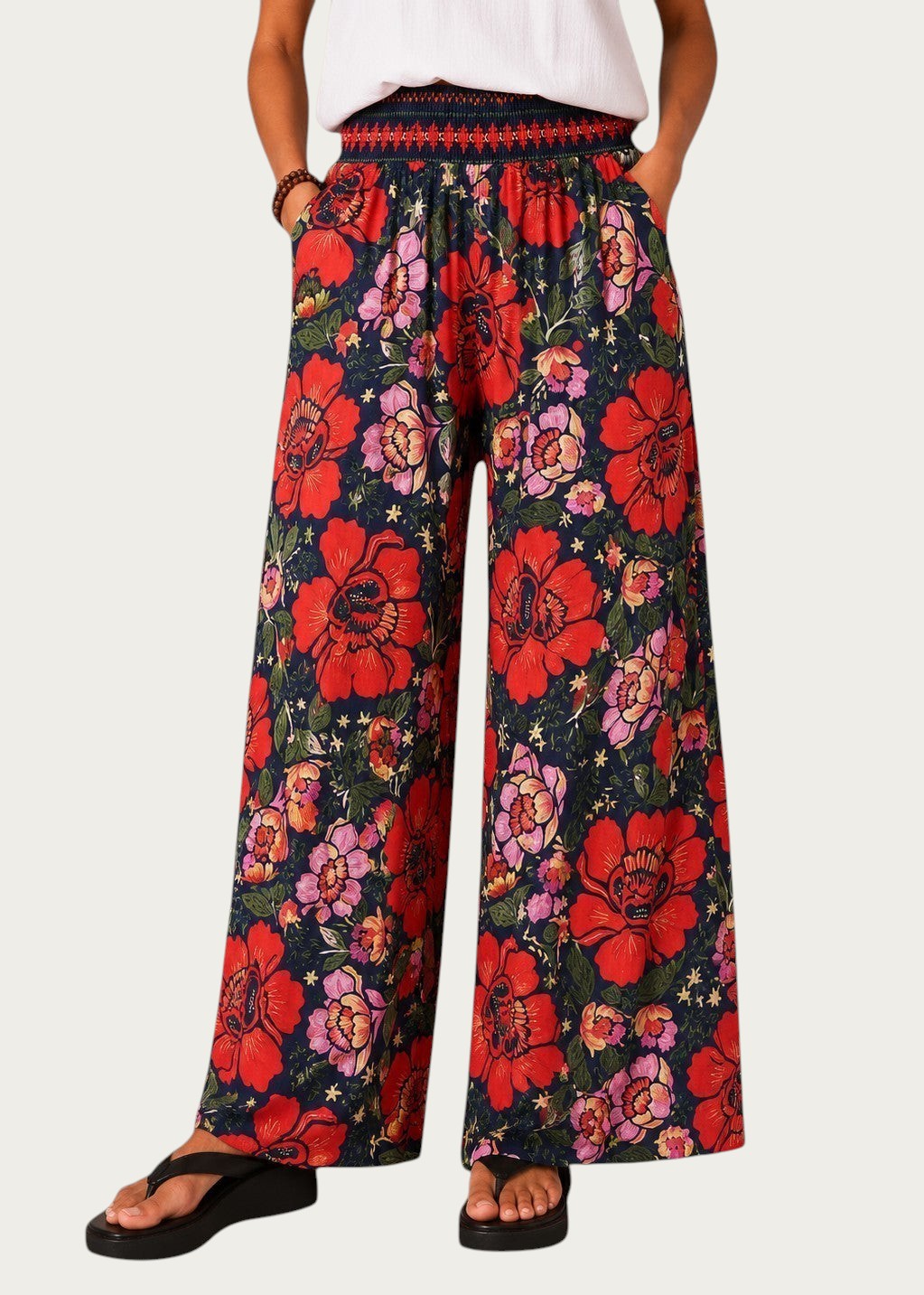 Wide Leg Pull-On Pants with Shirred Waistband & Pockets - Scarlet Poppy