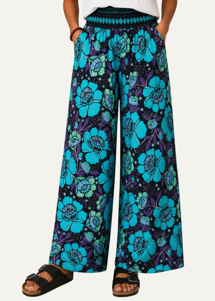 Wide Leg Pull-On Pants with Shirred Waistband & Pockets - Scarlet Poppy (Copy) (Copy) (Copy)