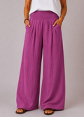 Wide Leg Pull-On Pants with Shirred Waistband & Pockets - Magenta