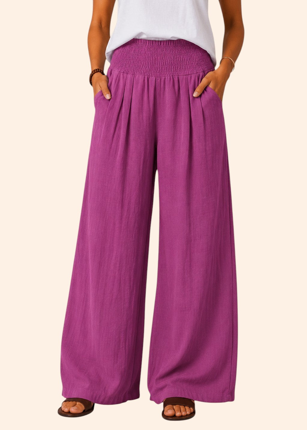 Wide Leg Pull-On Pants with Shirred Waistband & Pockets - Magenta