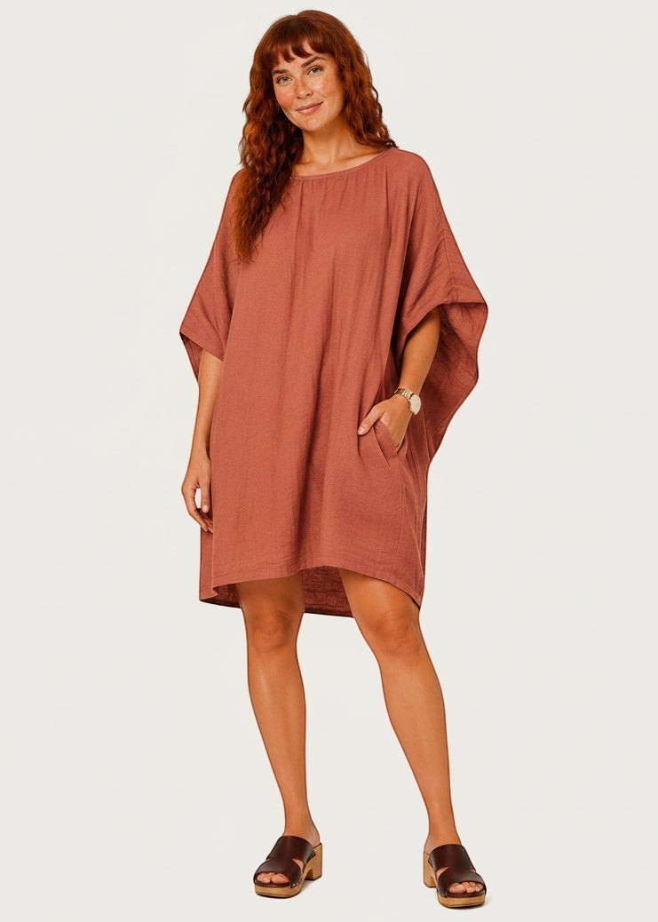 Oversized Batwing Mini Dress with Pockets - Dusty Terracotta