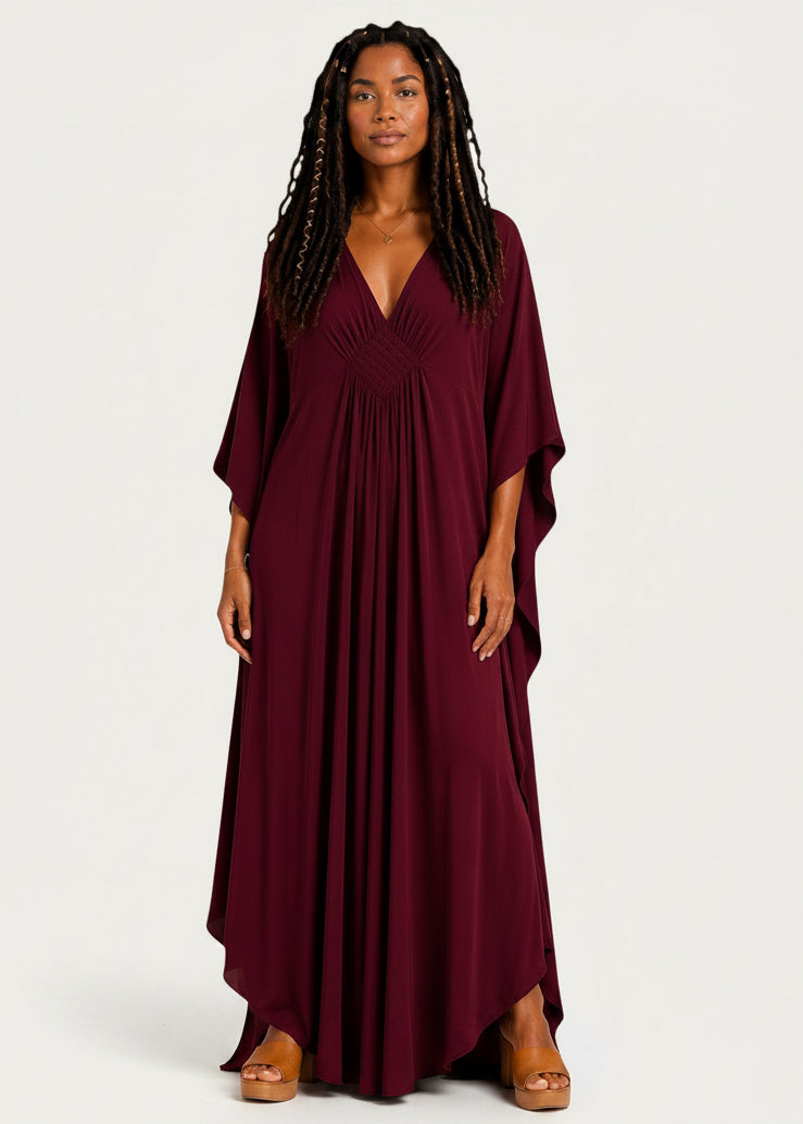 Burgundy V Neck Kaftan with Diamond Pintuck