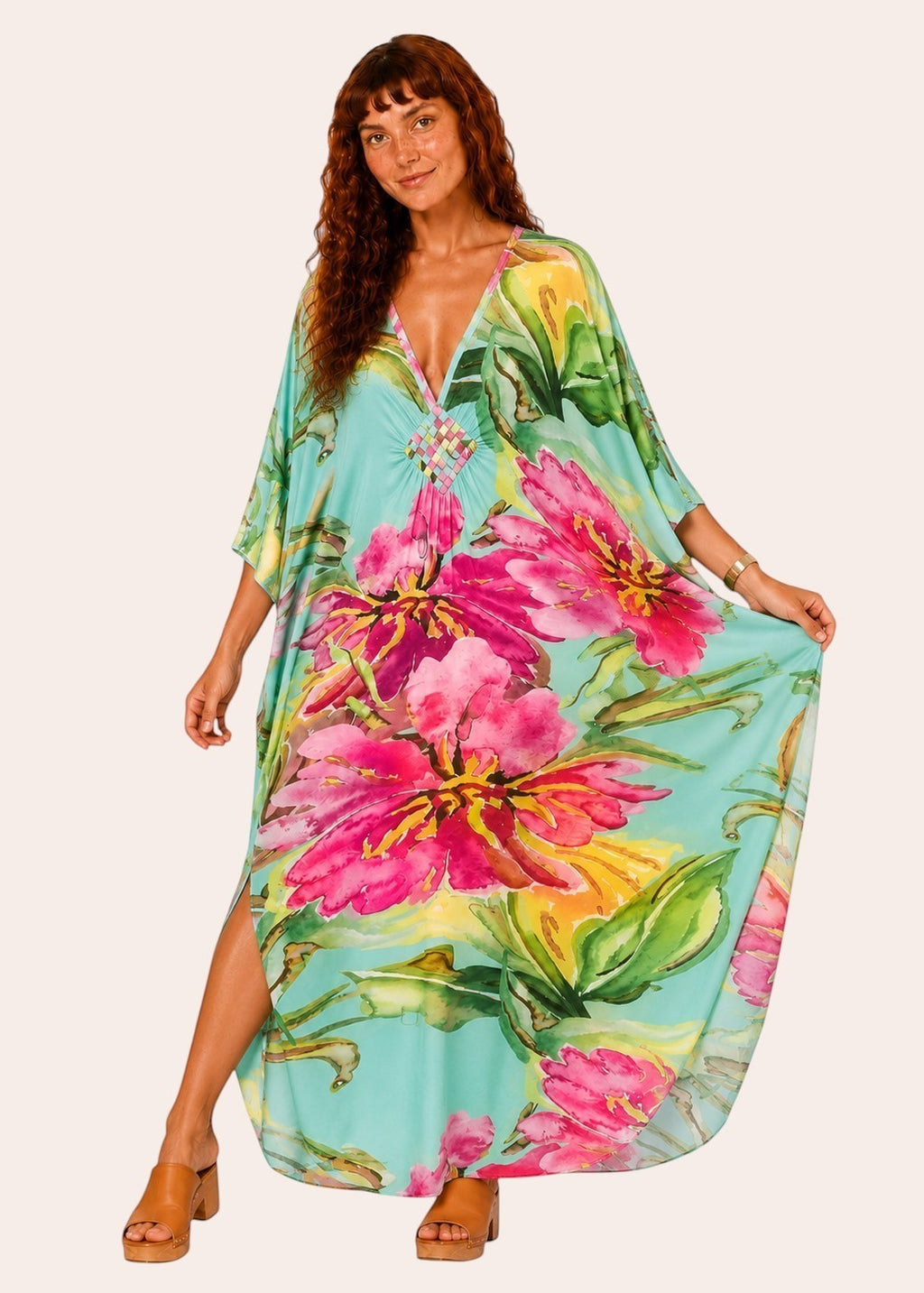 V Neck Kaftan with Diamond Pintuck - Tropical Sorbet