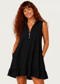 Sleeveless V Neck Mini Dress with Zip Front & Pockets - Black