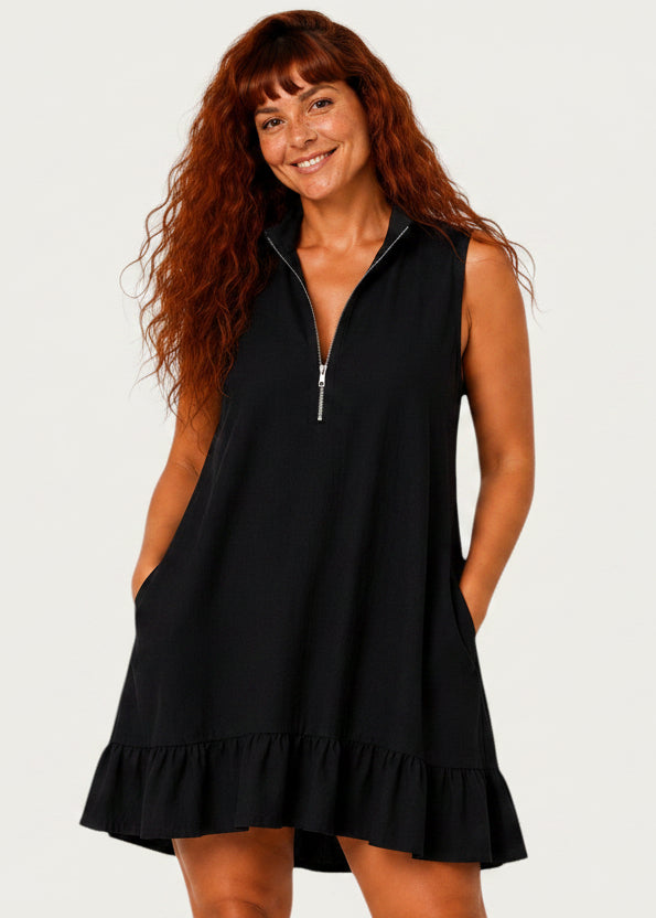 Sleeveless V Neck Mini Dress with Zip Front & Pockets - Black