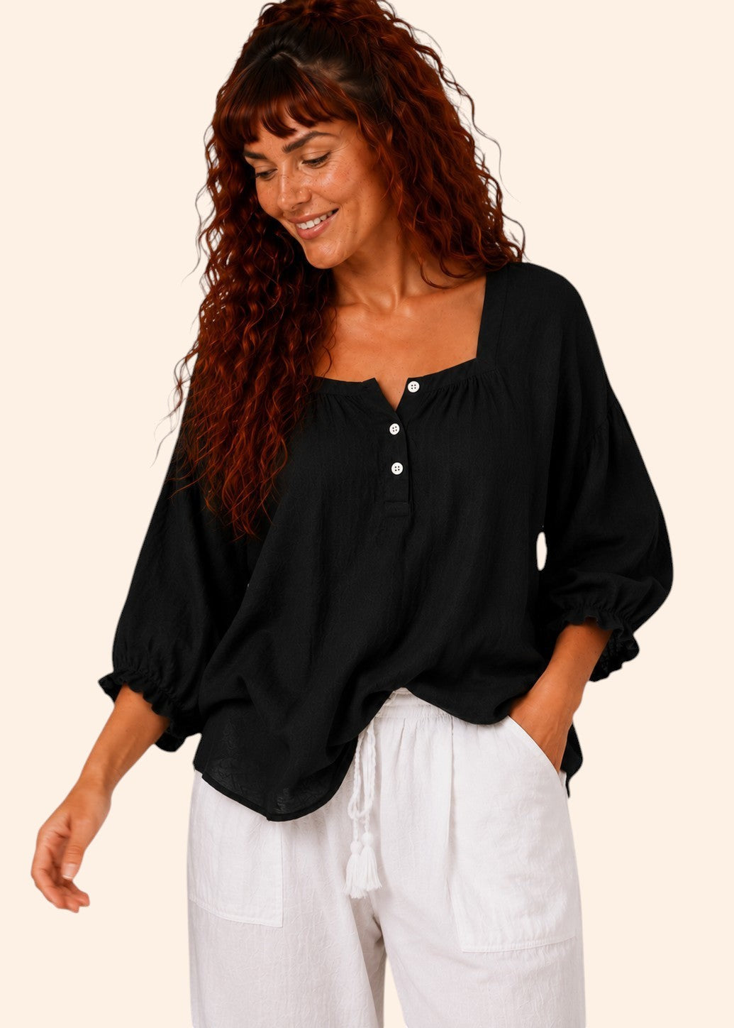 Oversized Square Neck Peasant Top with 3/4 Sleeves - Black