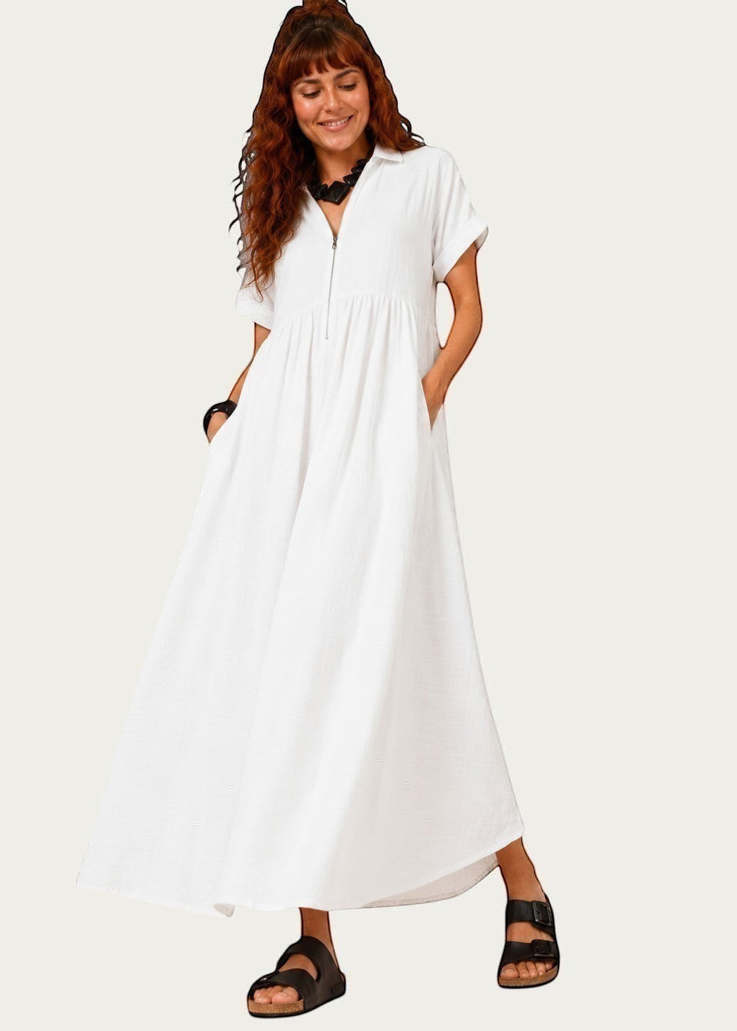 V Neck Maxi Dress with Zip Front & Pockets - White