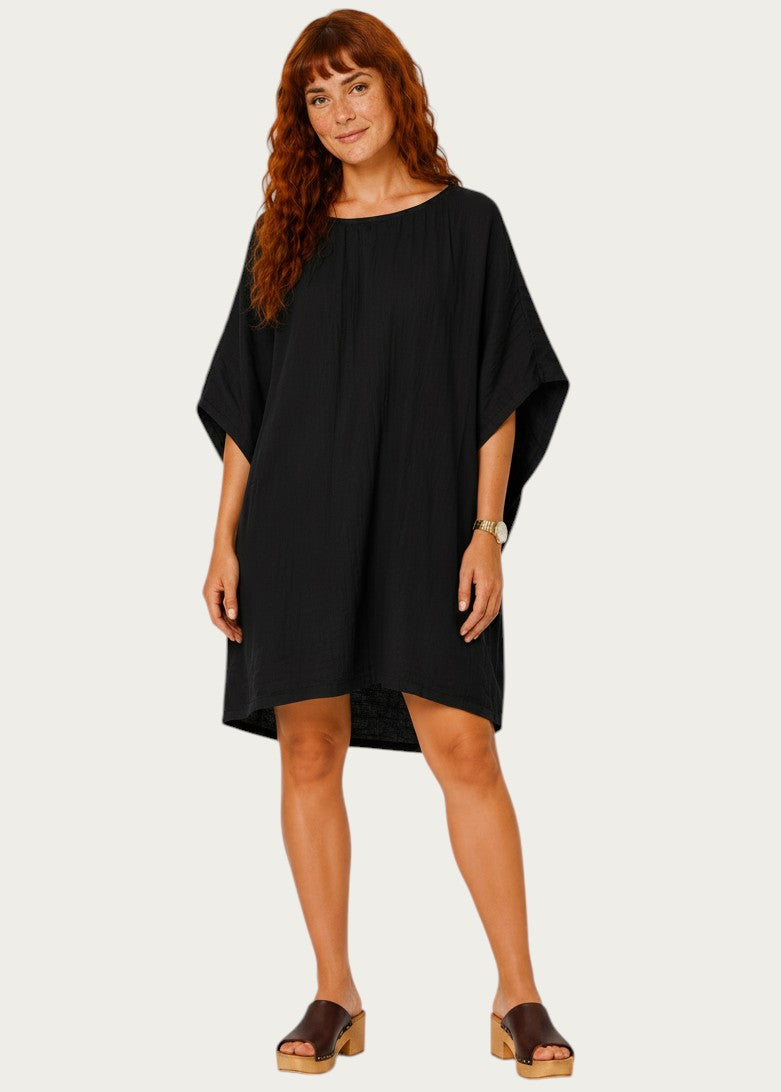 Oversized Batwing Mini Dress with Pockets - White
