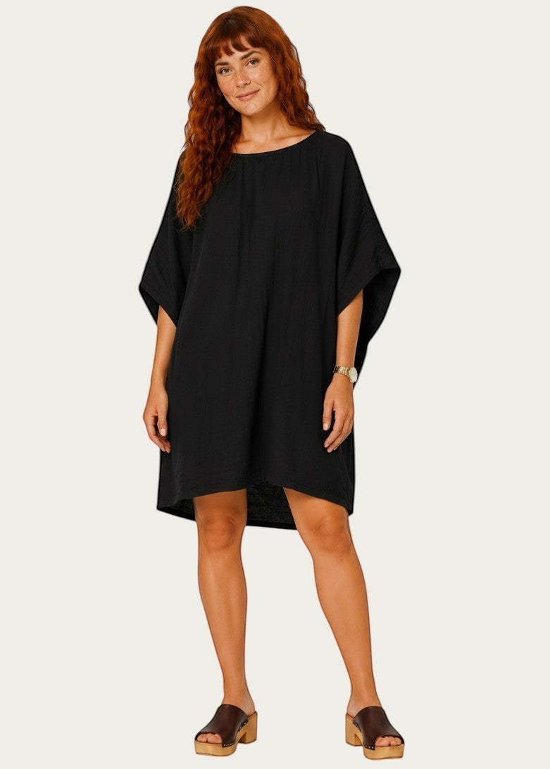 Oversized Batwing Mini Dress with Pockets - White