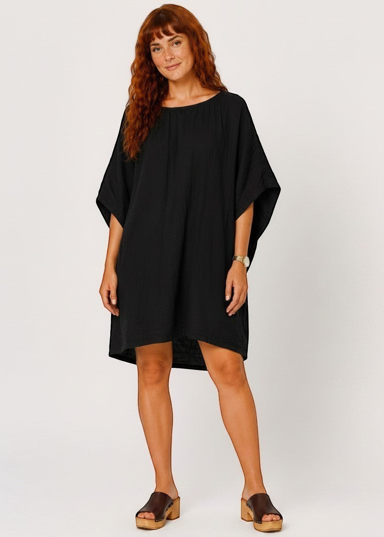 Oversized Batwing Mini Dress with Pockets - Black