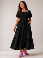 Shirred Square Neck Midi Dress with Flutter Sleeves & Pockets - Black