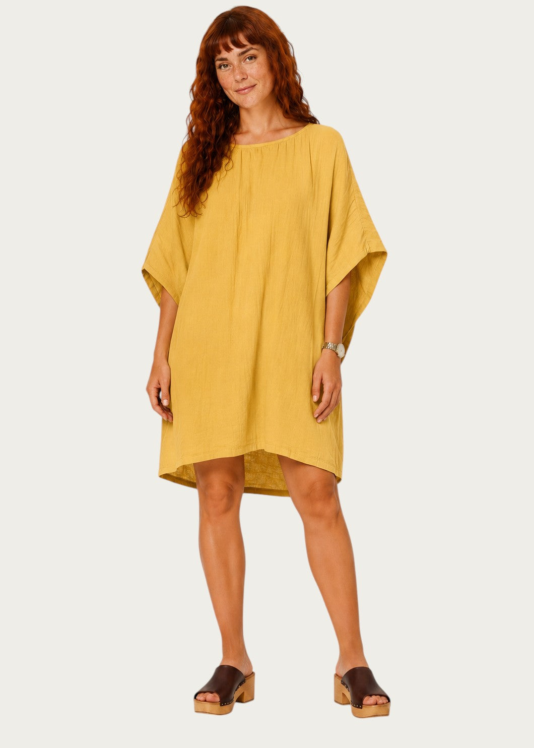 Oversized Batwing Mini Dress with Pockets - Mustard