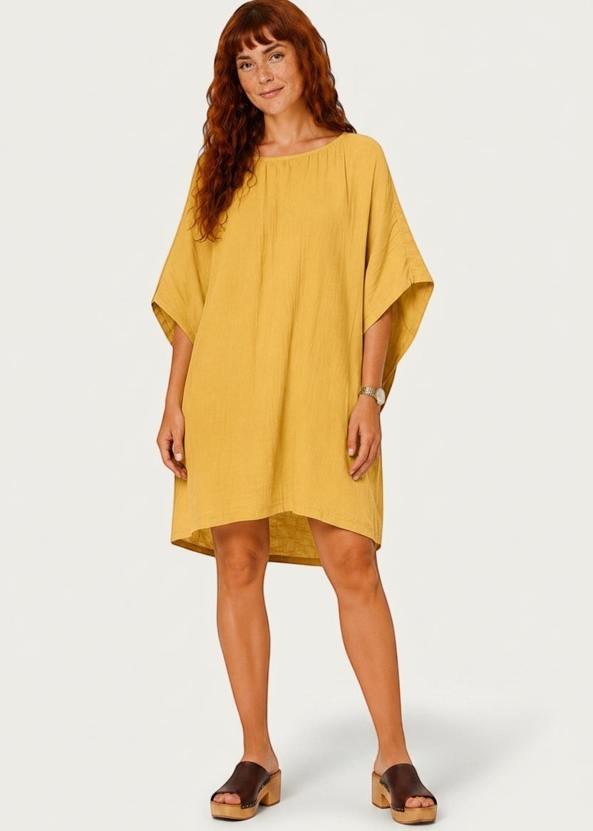 Oversized Batwing Mini Dress with Pockets - Mustard