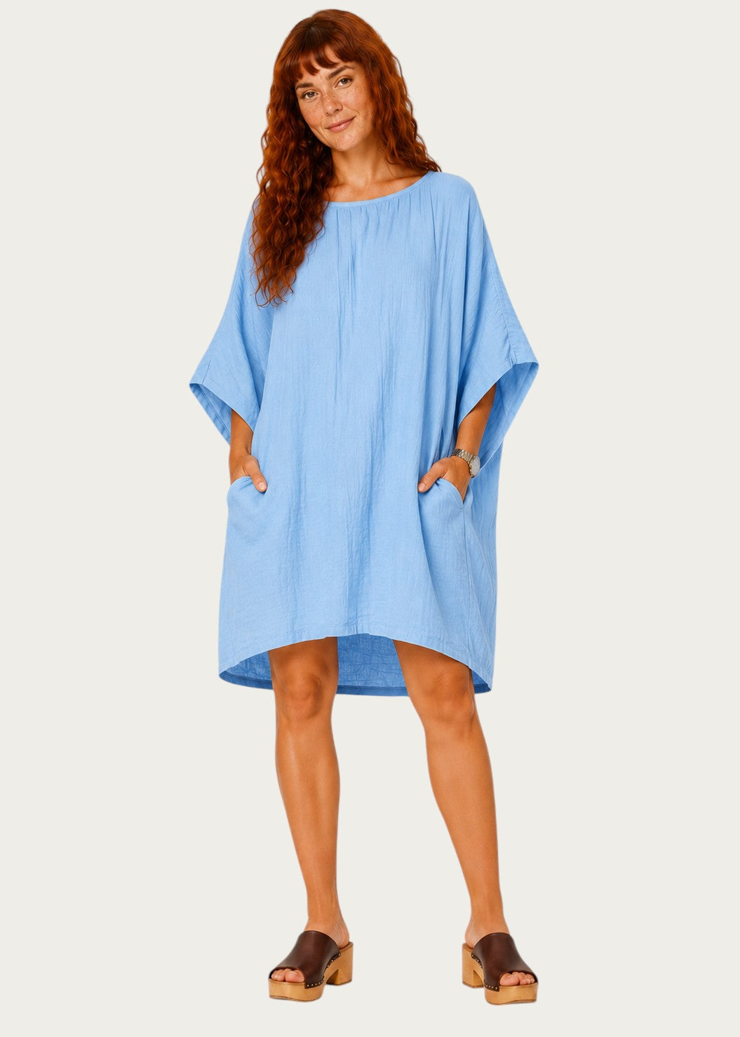 Oversized Batwing Mini Dress with Pockets - Light Blue
